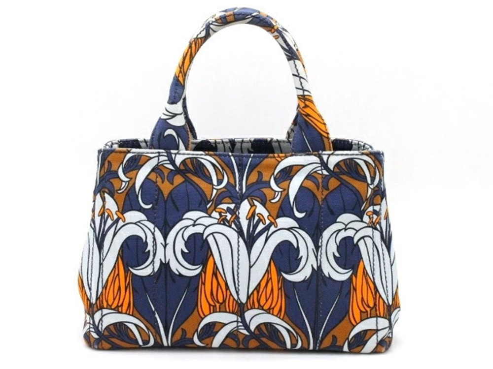Prada Canapa Handbag Canvas Navy Blue Orange Brown Stitching